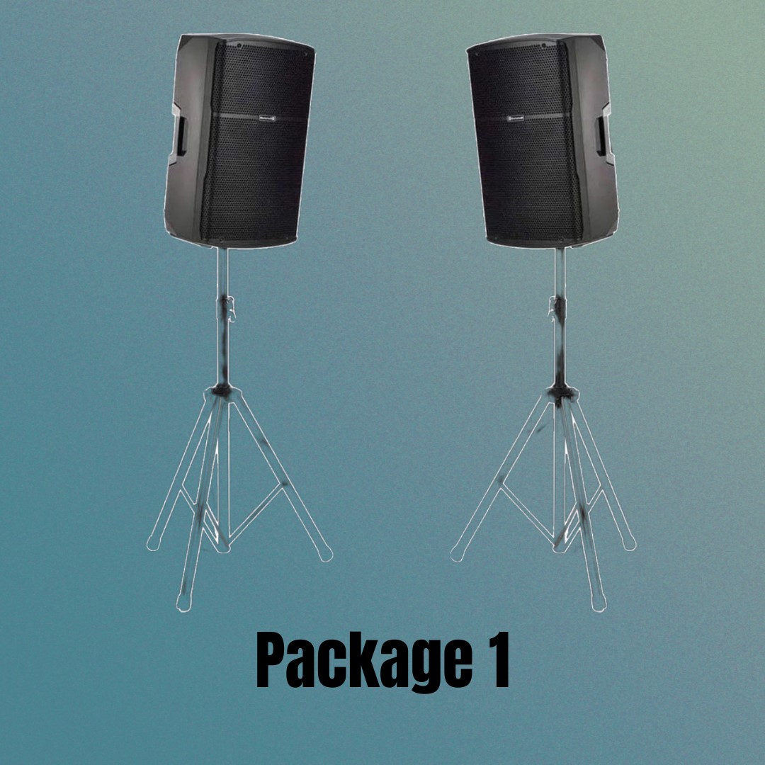 Two black speakers on tripods, labeled "Package 1."