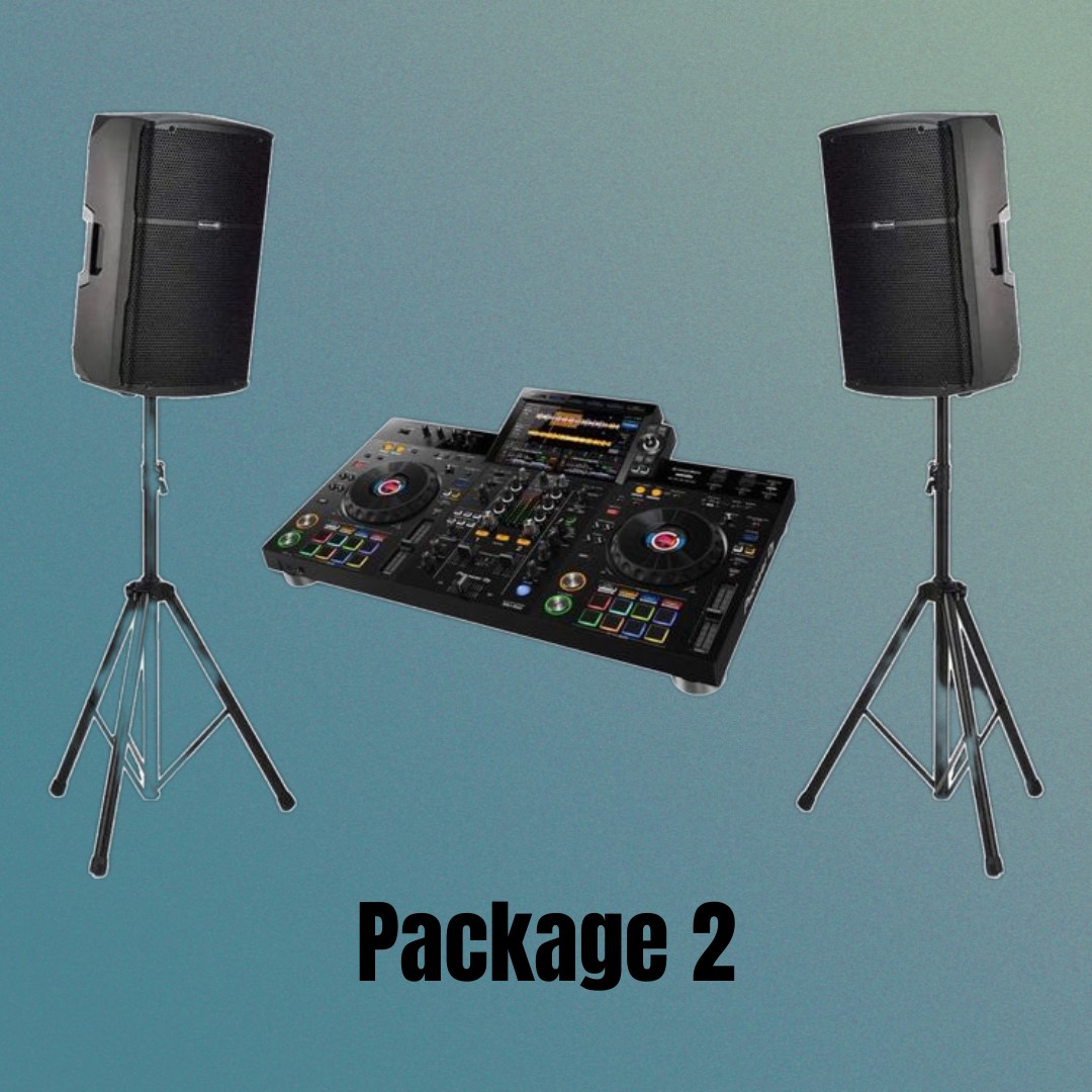 DJ setup with mixer and speakers, labeled "Package 2."