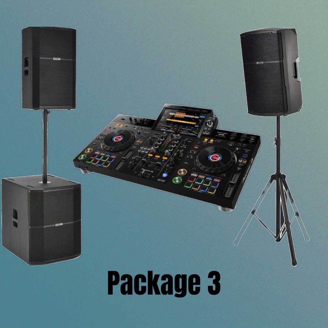 DJ package with two speakers, a subwoofer, and controller, labeled "Package 3."