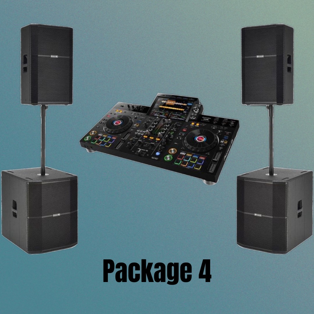 DJ setup with tall speakers and subwoofers, labeled "Package 4."