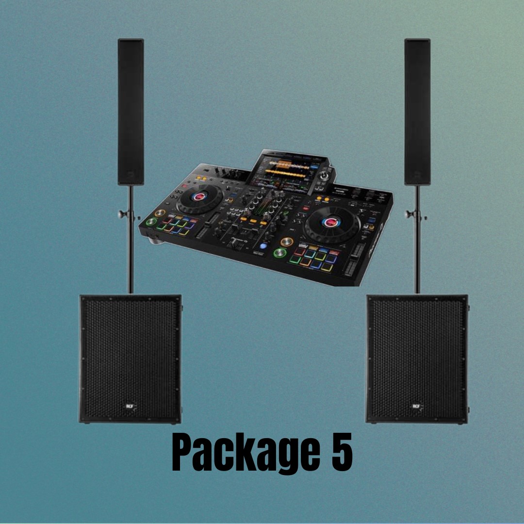 DJ package with mixer and speakers on stands, labeled "Package 5."